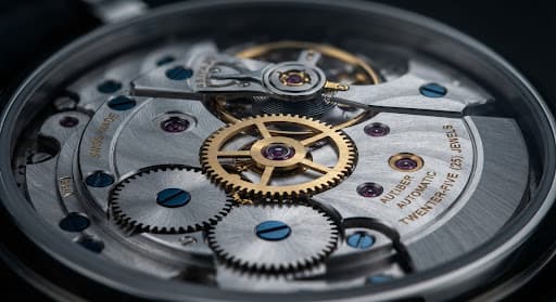 Macro photograph of high-end watch internal gears in sharp focus with a shallow depth of field against a dark neutral background.